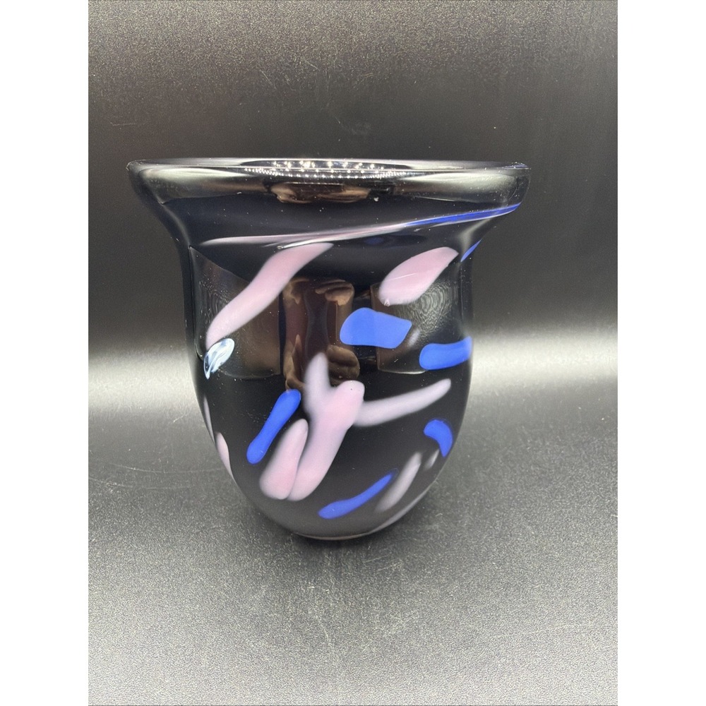 VTG Russian Art Glass Vase Signed Smolensk Hand Blown Black Amethyst USSR era